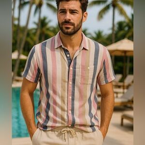 American Eagle Men’s Striped Button-Up Shirt | Short Sleeve Cotton Casual Top M